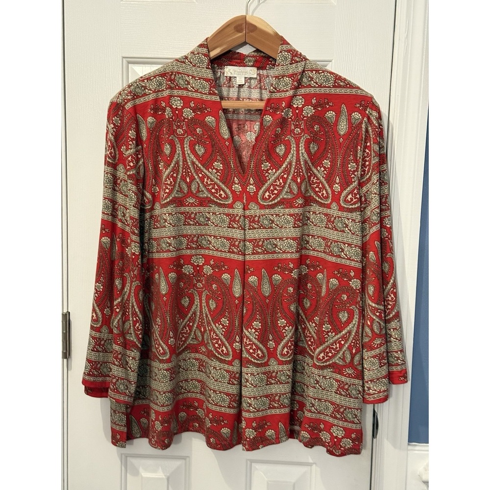 Weekend Suzanne Betro Top Lagenlook W 3X Red Boho Floral Paisley Flowy Comfy